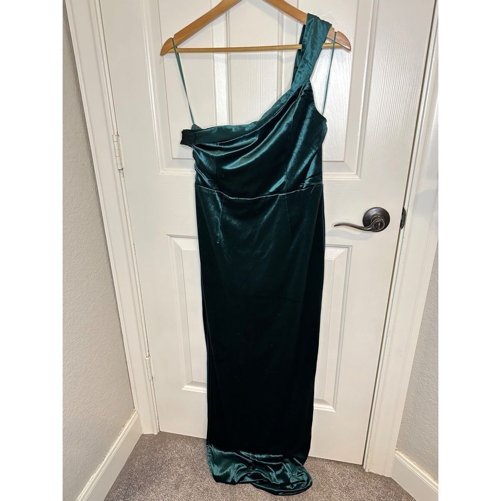 Maniju Emerald Green Velvet One Strap Maxi Dress Gown Sz L Wedding Holidays Chic